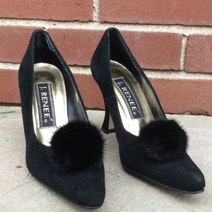 J. Renee Black Velvet Pumps with Fuzzy Mink Pouf